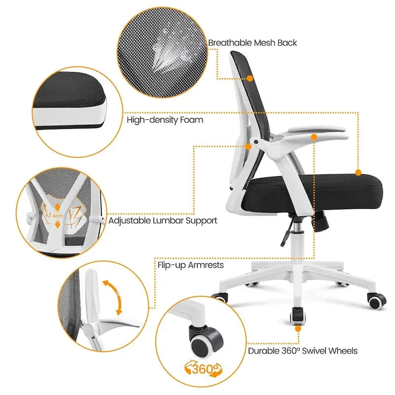 Sedia da ufficio ergonomica in rete con braccioli ribaltabili