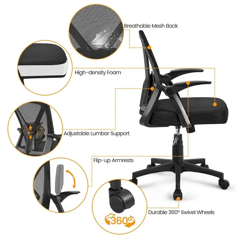 Sedia da ufficio ergonomica in rete con braccioli ribaltabili