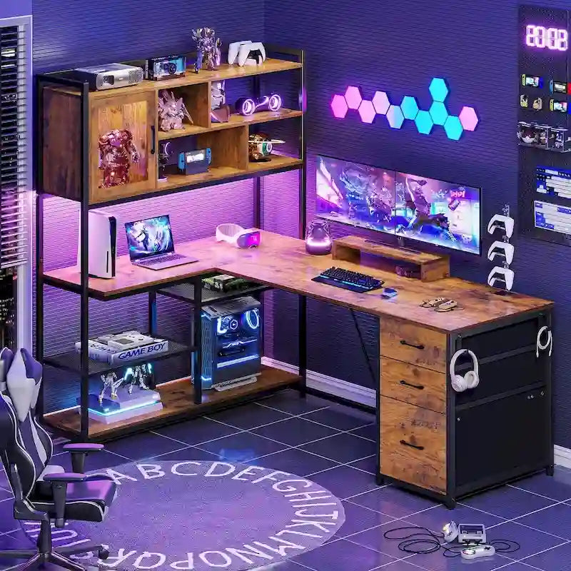 Scrivania angolare a L con cassetti, libreria e striscia luminosa a LED