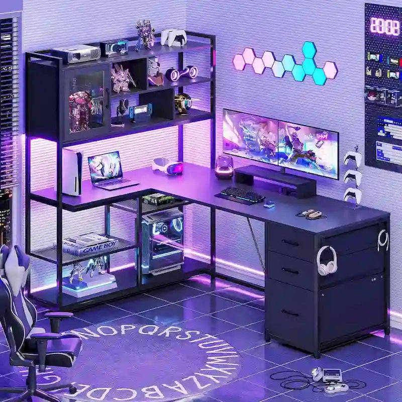 Scrivania angolare a L con cassetti, libreria e striscia luminosa a LED