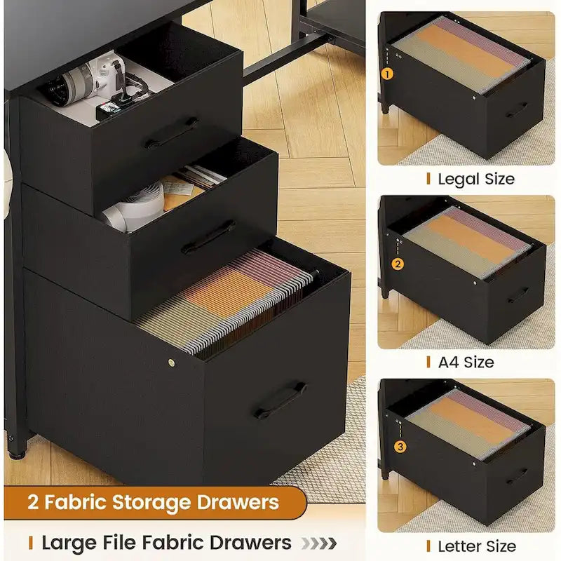 Scrivania angolare a L con cassetti, libreria e striscia luminosa a LED