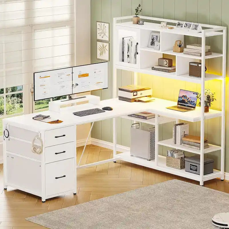 Scrivania angolare a L con cassetti, libreria e striscia luminosa a LED