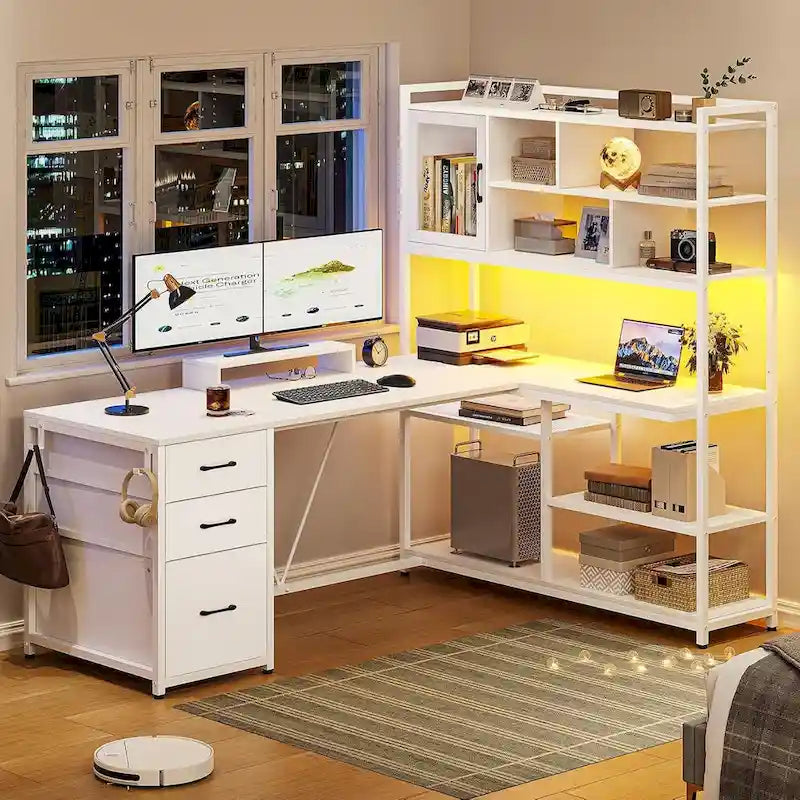 Scrivania angolare a L con cassetti, libreria e striscia luminosa a LED