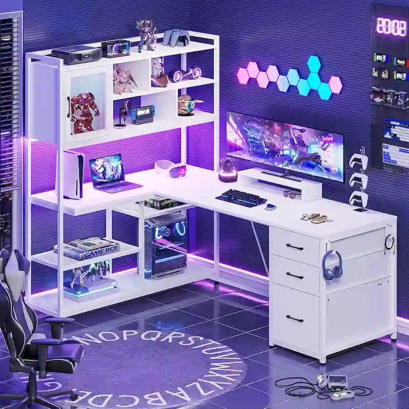 Scrivania angolare a L con cassetti, libreria e striscia luminosa a LED