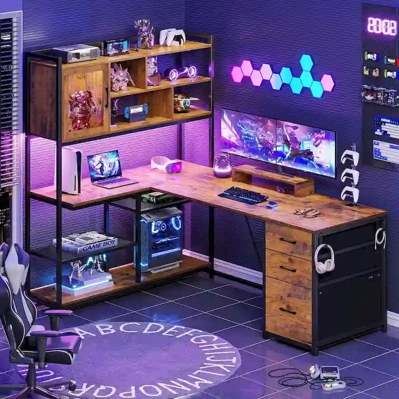 Scrivania angolare a L con cassetti, libreria e striscia luminosa a LED