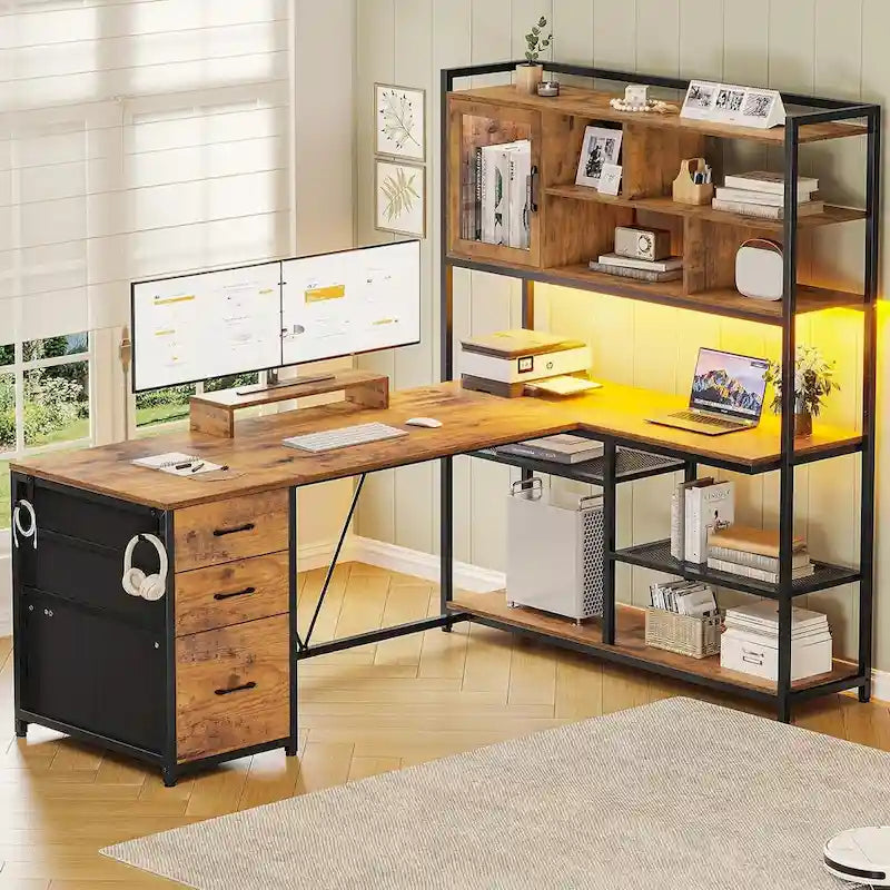 Scrivania angolare a L con cassetti, libreria e striscia luminosa a LED