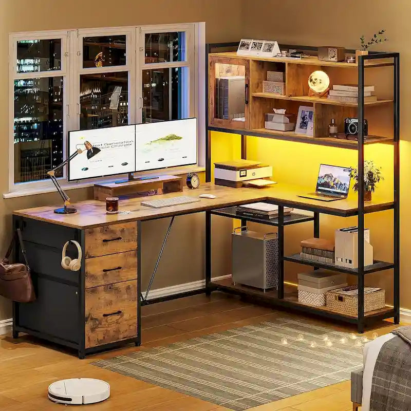 Scrivania angolare a L con cassetti, libreria e striscia luminosa a LED