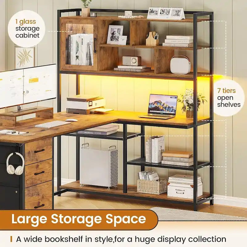 Scrivania angolare a L con cassetti, libreria e striscia luminosa a LED