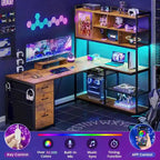 Scrivania angolare a L con cassetti, libreria e striscia luminosa a LED