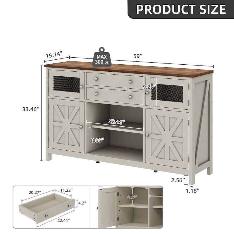 Credenza da cucina a buffet da 150 cm con ante scorrevoli e cassetti contenitore
