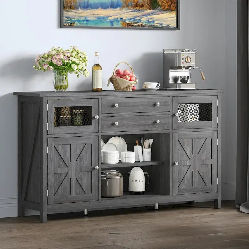 Credenza da cucina a buffet da 150 cm con ante scorrevoli e cassetti contenitore