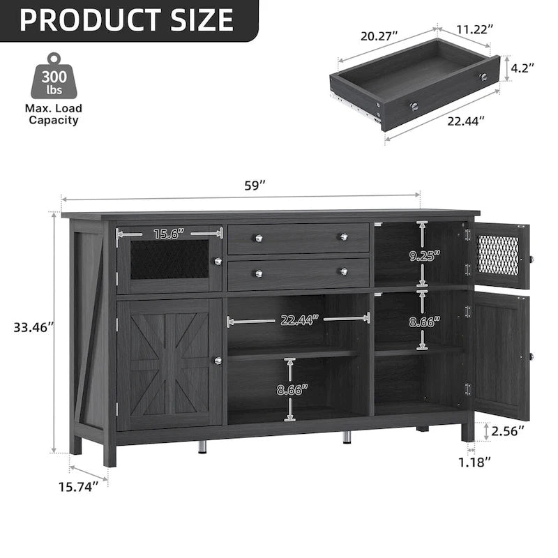 Credenza da cucina a buffet da 150 cm con ante scorrevoli e cassetti contenitore